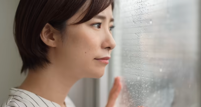 雨の窓に手を当てながら自分の体の感覚を考える女性